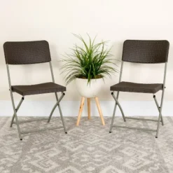 Flash Furniture 2 Pack HERCULES Series Brown Rattan Plastic Folding Chair With Gray Frame