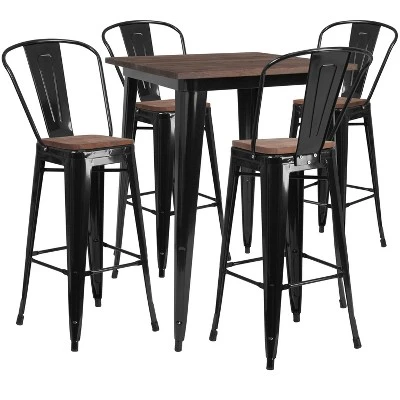 Flash Furniture 31.5" Square Metal Bar Table Set With Wood Top And 4 Stools 3 Flash Furniture 31.5" Square Metal Bar Table Set With Wood Top And 4 Stools - Image 3