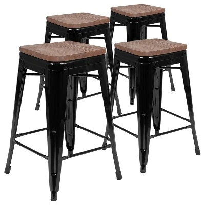 Flash Furniture 24" High Metal Counter-Height, Indoor Bar Stool With Wood Seat - Stackable Set Of 4 13 Flash Furniture 24" High Metal Counter-Height, Indoor Bar Stool With Wood Seat - Stackable Set Of 4 - Image 13