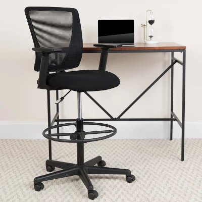 Flash Furniture Ergonomic Mid-Back Mesh Drafting Chair With Black Fabric Seat, Adjustable Foot Ring And Adjustable Arms 1 Flash Furniture Ergonomic Mid-Back Mesh Drafting Chair With Black Fabric Seat, Adjustable Foot Ring And Adjustable Arms