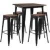 Flash Furniture 31.5" Square Metal Bar Table Set With Wood Top And 4 Backless Stools
