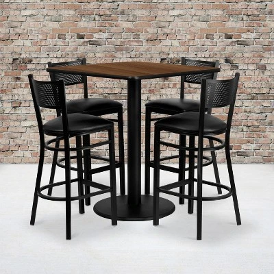 Flash Furniture 36'' Square Walnut Laminate Table Set With 4 Grid Back Metal Barstools - Black Vinyl Seat 1 Flash Furniture 36'' Square Walnut Laminate Table Set With 4 Grid Back Metal Barstools - Black Vinyl Seat