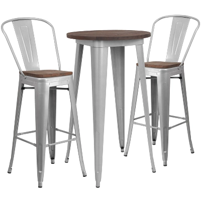 Flash Furniture 24" Round Metal Bar Table Set With Wood Top And 2 Stools 3 Flash Furniture 24" Round Metal Bar Table Set With Wood Top And 2 Stools - Image 3