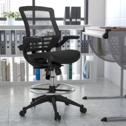 Flash Furniture Mid-Back Transparent Mesh Drafting Chair With Flip-Up Arms