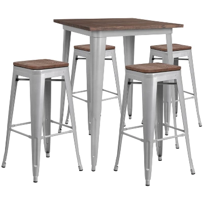 Flash Furniture 31.5" Square Metal Bar Table Set With Wood Top And 4 Backless Stools 3 Flash Furniture 31.5" Square Metal Bar Table Set With Wood Top And 4 Backless Stools - Image 3