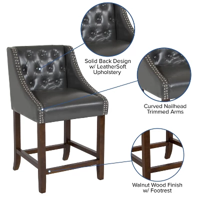 Flash Furniture Carmel Series 24" High Transitional Tufted Walnut Counter Height Stool With Accent Nail Trim 2 Flash Furniture Carmel Series 24" High Transitional Tufted Walnut Counter Height Stool With Accent Nail Trim - Image 2