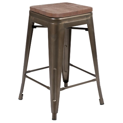 Flash Furniture 24" High Metal Counter-Height, Indoor Bar Stool With Wood Seat - Stackable Set Of 4 10 Flash Furniture 24" High Metal Counter-Height, Indoor Bar Stool With Wood Seat - Stackable Set Of 4 - Image 10