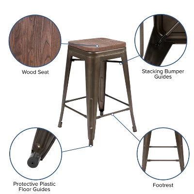 Flash Furniture 24" High Metal Counter-Height, Indoor Bar Stool With Wood Seat - Stackable Set Of 4 3 Flash Furniture 24" High Metal Counter-Height, Indoor Bar Stool With Wood Seat - Stackable Set Of 4 - Image 3