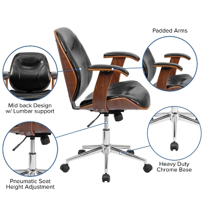 Flash Furniture Tansia Mid-Back Black LeatherSoft Executive Ergonomic Wood Swivel Office Chair With Arms 2 Flash Furniture Tansia Mid-Back Black LeatherSoft Executive Ergonomic Wood Swivel Office Chair With Arms - Image 2
