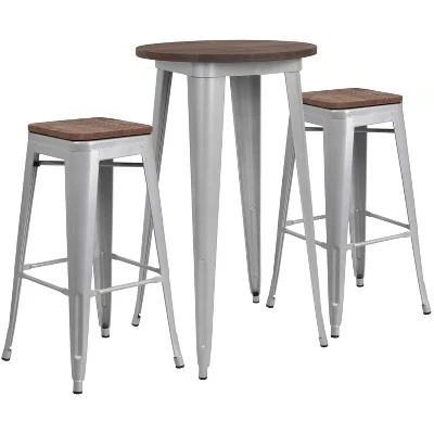 Flash Furniture 24" Round Metal Bar Table Set With Wood Top And 2 Backless Stools 1 Flash Furniture 24" Round Metal Bar Table Set With Wood Top And 2 Backless Stools
