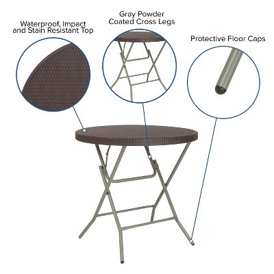 Flash Furniture 2.6-Foot Round Brown Rattan Plastic Folding Table 2 Flash Furniture 2.6-Foot Round Brown Rattan Plastic Folding Table - Image 2