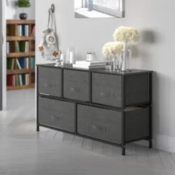 Flash Furniture 5 Drawer Wood Top Cast Iron Frame Storage Dresser With Easy Pull Fabric Drawers