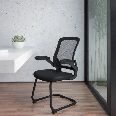 Flash Furniture Black Mesh Sled Base Side Reception Chair With Flip-Up Arms 1 Flash Furniture Black Mesh Sled Base Side Reception Chair With Flip-Up Arms
