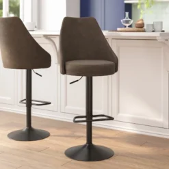 Flash Furniture Chrishelle Set Of 2 Commercial Adjustable Height Barstools With Upholstered Tufted Seats And Pedestal Base With Footring, Black