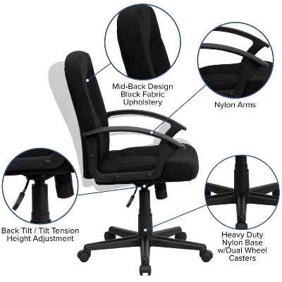 Mid-Back Black Fabric Executive Swivel Office Chair With Nylon Arms Black - Flash Furniture 4 Mid-Back Black Fabric Executive Swivel Office Chair With Nylon Arms Black - Flash Furniture - Image 4