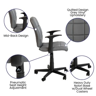 Flash Furniture Mid-Back Gray Quilted Vinyl Swivel Task Office Chair With Arms 2 Flash Furniture Mid-Back Gray Quilted Vinyl Swivel Task Office Chair With Arms - Image 2