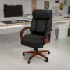Flash Furniture High Back Black LeatherSoft Executive Ergonomic Office Chair With Synchro-Tilt Mechanism, Mahogany Wood Base And Arms