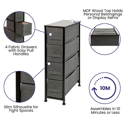 Flash Furniture 4 Drawer Slim Wood Top Cast Iron Frame Vertical Storage Dresser With Easy Pull Fabric Drawers 2 Flash Furniture 4 Drawer Slim Wood Top Cast Iron Frame Vertical Storage Dresser With Easy Pull Fabric Drawers - Image 2