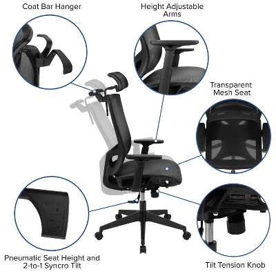 Flash Furniture Ergonomic Black Mesh Office Chair-Synchro-Tilt, Pivot Headrest, Adjustable Arms 4 Flash Furniture Ergonomic Black Mesh Office Chair-Synchro-Tilt, Pivot Headrest, Adjustable Arms - Image 4