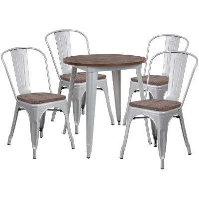 Flash Furniture 26" Round Metal Table Set With Wood Top And 4 Stack Chairs 3 Flash Furniture 26" Round Metal Table Set With Wood Top And 4 Stack Chairs - Image 3