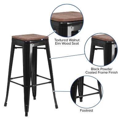 Flash Furniture 30" High Backless Metal Barstool With Square Wood Seat 3 Flash Furniture 30" High Backless Metal Barstool With Square Wood Seat - Image 3
