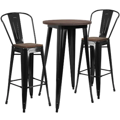 Flash Furniture 24" Round Metal Bar Table Set With Wood Top And 2 Stools 1 Flash Furniture 24" Round Metal Bar Table Set With Wood Top And 2 Stools