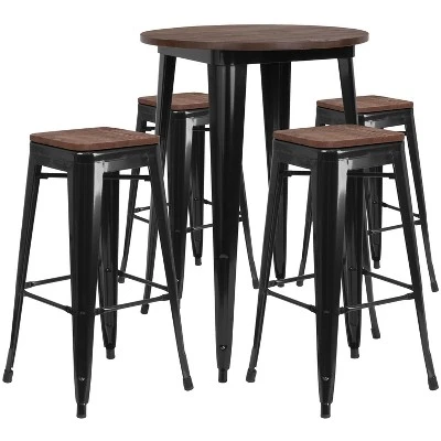Flash Furniture 30" Round Metal Bar Table Set With Wood Top And 4 Backless Stools 1 Flash Furniture 30" Round Metal Bar Table Set With Wood Top And 4 Backless Stools