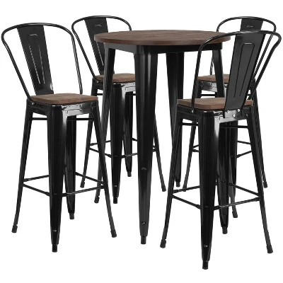 Flash Furniture 30" Round Metal Bar Table Set With Wood Top And 4 Stools 1 Flash Furniture 30" Round Metal Bar Table Set With Wood Top And 4 Stools