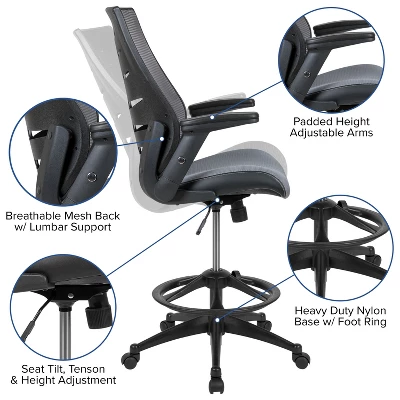 Flash Furniture High Back Mesh Spine-Back Ergonomic Drafting Chair With Adjustable Foot Ring And Adjustable Flip-Up Arms 4 Flash Furniture High Back Mesh Spine-Back Ergonomic Drafting Chair With Adjustable Foot Ring And Adjustable Flip-Up Arms - Image 4
