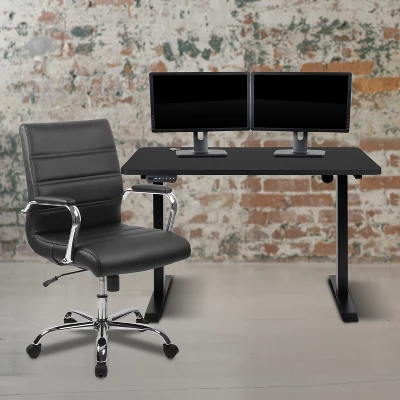 Flash Furniture 48" Wide Black Electric Height Adjustable Standing Desk With Mid-Back Black LeatherSoft And Chrome Executive Swivel Office Chair 1 Flash Furniture 48" Wide Black Electric Height Adjustable Standing Desk With Mid-Back Black LeatherSoft And Chrome Executive Swivel Office Chair