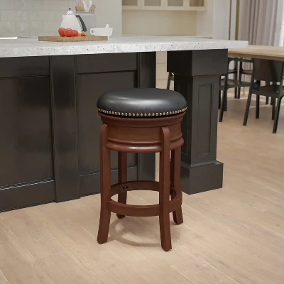 Flash Furniture 24'' High Backless Wood Counter Height Stool With Carved Apron And LeatherSoftSoft Swivel Seat 1 Flash Furniture 24'' High Backless Wood Counter Height Stool With Carved Apron And LeatherSoftSoft Swivel Seat