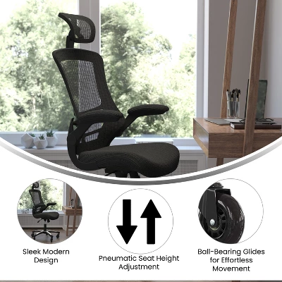 Flash Furniture Kelista High-Back Black Mesh Swivel Ergonomic Executive Office Chair With Flip-Up Arms And Transparent Roller Wheels 4 Flash Furniture Kelista High-Back Black Mesh Swivel Ergonomic Executive Office Chair With Flip-Up Arms And Transparent Roller Wheels - Image 4