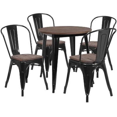 Flash Furniture 26" Round Metal Table Set With Wood Top And 4 Stack Chairs 1 Flash Furniture 26" Round Metal Table Set With Wood Top And 4 Stack Chairs