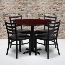 Flash Furniture 36'' Round Mahogany Laminate Table Set With X-Base And 4 Ladder Back Metal Chairs - Black Vinyl Seat
