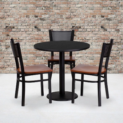 Flash Furniture 30'' Round Black Laminate Table Set With 3 Grid Back Metal Chairs - Cherry Wood Seat 1 Flash Furniture 30'' Round Black Laminate Table Set With 3 Grid Back Metal Chairs - Cherry Wood Seat
