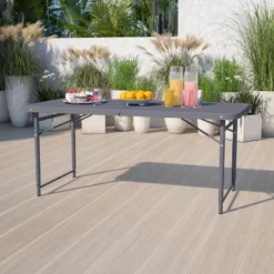 Flash Furniture 4-Foot Height Adjustable Bi-Fold Dark Gray Plastic Folding Table With Carrying Handle