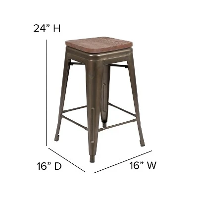Flash Furniture 24" High Metal Counter-Height, Indoor Bar Stool With Wood Seat - Stackable Set Of 4 4 Flash Furniture 24" High Metal Counter-Height, Indoor Bar Stool With Wood Seat - Stackable Set Of 4 - Image 4