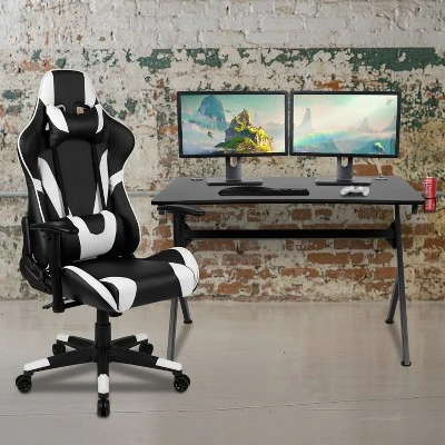 Flash Furniture Gaming Desk And Reclining Gaming Chair Set With Cup Holder, Headphone Hook & 2 Wire Management Holes 1 Flash Furniture Gaming Desk And Reclining Gaming Chair Set With Cup Holder, Headphone Hook & 2 Wire Management Holes