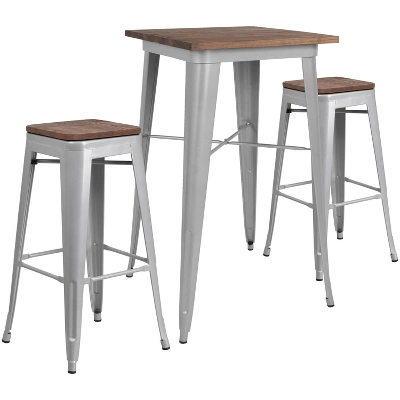 Flash Furniture 23.5" Square Metal Bar Table Set With Wood Top And 2 Backless Stools 1 Flash Furniture 23.5" Square Metal Bar Table Set With Wood Top And 2 Backless Stools