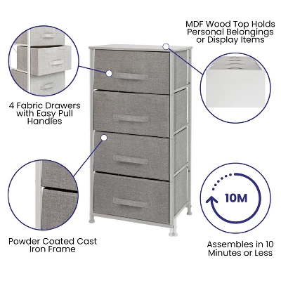 Flash Furniture 4 Drawer Wood Top Cast Iron Frame Vertical Storage Dresser With Easy Pull Fabric Drawers 2 Flash Furniture 4 Drawer Wood Top Cast Iron Frame Vertical Storage Dresser With Easy Pull Fabric Drawers - Image 2