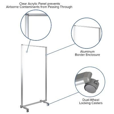 Flash Furniture Transparent Acrylic Mobile Partition With Lockable Casters, 72"H X 36"L 2 Flash Furniture Transparent Acrylic Mobile Partition With Lockable Casters, 72"H X 36"L - Image 2