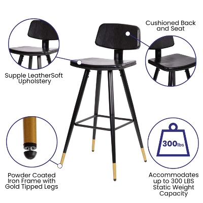 Flash Furniture Kora Commercial Grade Low Back Barstools-LeatherSoft Upholstery-Iron Frame-Integrated Footrest-Gold Tipped Legs-Set Of 2 5 Flash Furniture Kora Commercial Grade Low Back Barstools-LeatherSoft Upholstery-Iron Frame-Integrated Footrest-Gold Tipped Legs-Set Of 2 - Image 5