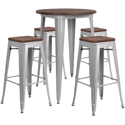 Flash Furniture 30" Round Metal Bar Table Set With Wood Top And 4 Backless Stools 3 Flash Furniture 30" Round Metal Bar Table Set With Wood Top And 4 Backless Stools - Image 3