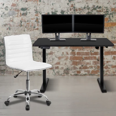 Flash Furniture 48" Wide Black Electric Height Adjustable Standing Desk With Designer Armless White Ribbed Swivel Task Office Chair 1 Flash Furniture 48" Wide Black Electric Height Adjustable Standing Desk With Designer Armless White Ribbed Swivel Task Office Chair
