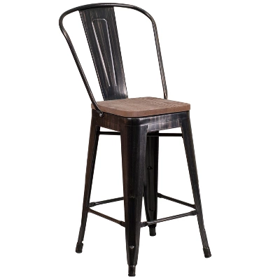 Flash Furniture 24" High Metal Counter Height Stool With Back And Wood Seat 13 Flash Furniture 24" High Metal Counter Height Stool With Back And Wood Seat - Image 13