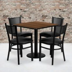 Flash Furniture 30'' Square Walnut Laminate Table Set With 4 Grid Back Metal Chairs - Black Vinyl Seat